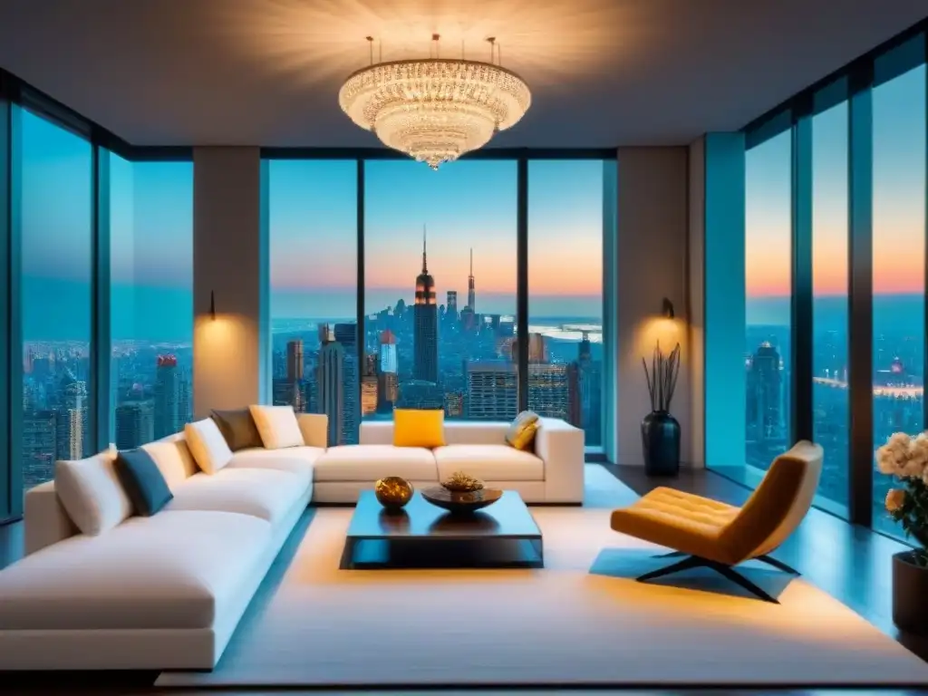 Elegante sala de estar con vista a la ciudad al atardecer Un elegante salón moderno con mobiliario blanco, candelabro de cristal, vista a la ciudad al atardecer y arte sofisticado en las paredes