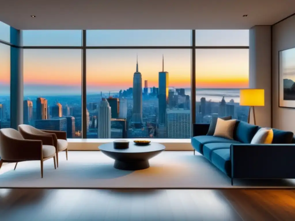 Salón moderno de lujo con vista panorámica a la ciudad Un elegante salón moderno con mobiliario sofisticado y ventanales que muestran una impresionante panorámica urbana, decorado con arte contemporáneo y bañado en luz natural, emanando una atmósfera cálida y acogedora que rezuma elegancia y sofisticación, perfecto para aplic