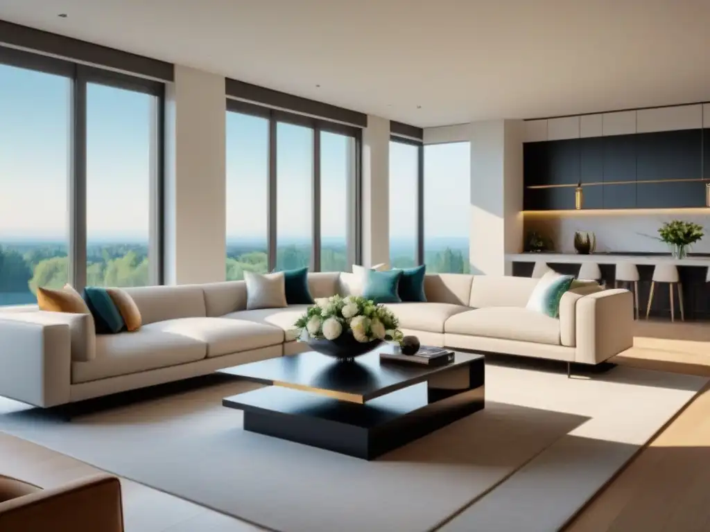 Salón moderno de lujo: elegancia y comodidad en un espacio sofisticado Un elegante salón moderno con muebles sofisticados, decoración elegante y abundante luz natural