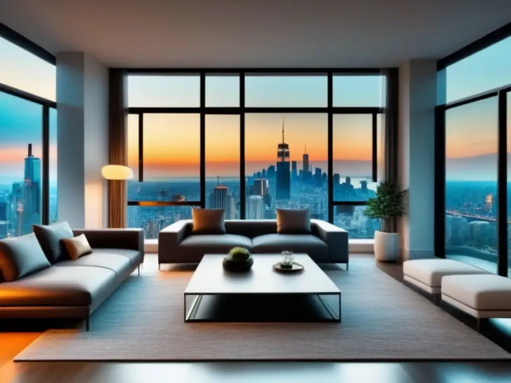 Estilo urbano de lujo con Jumbo loans Un elegante salón moderno con muebles sofisticados y vista de la ciudad, reflejando el estilo de vida con Préstamos Jumbo inversor inmobiliario