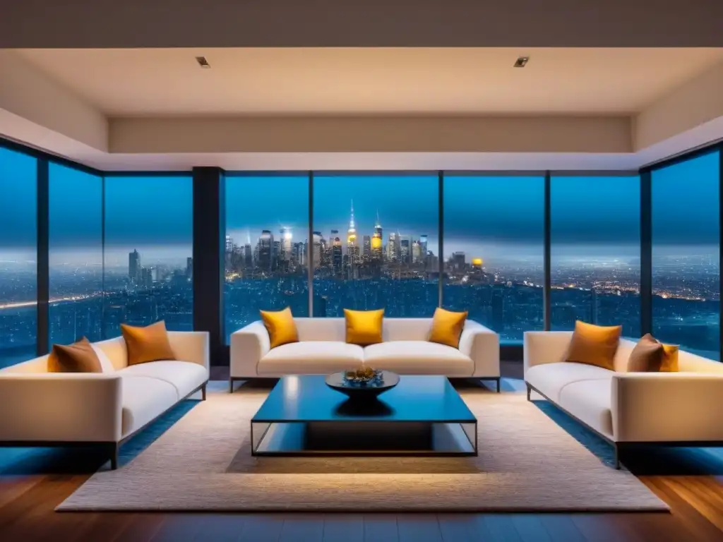 Salón de lujo con vista panorámica nocturna de la ciudad Un elegante salón moderno con muebles lujosos y una impresionante vista nocturna de la ciudad, reflejando sofisticación y riqueza