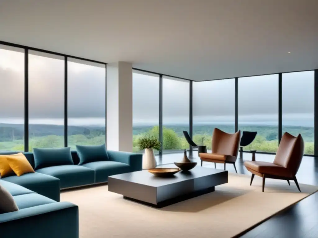 Sala de estar de lujo: moderna, elegante y acogedora Un elegante salón moderno con muebles de lujo, una chimenea elegante y grandes ventanas con una vista hermosa