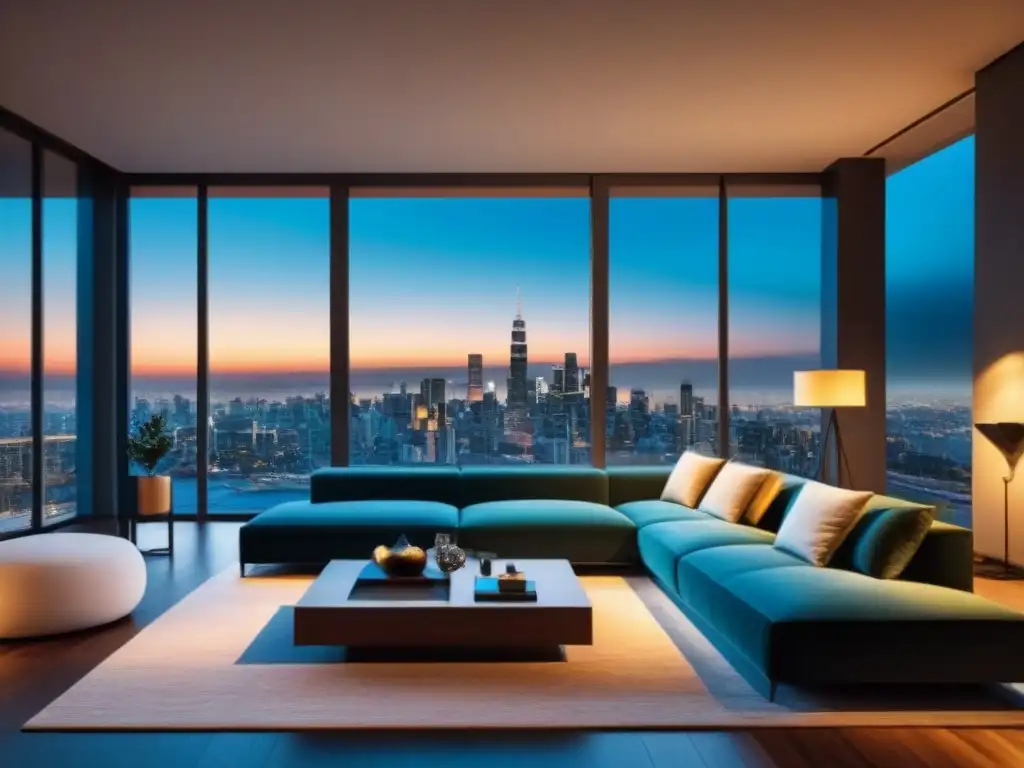 Salón moderno de lujo con vistas nocturnas a la ciudad Un elegante salón moderno con muebles estilosos, decoración elegante y amplias ventanas que muestran el horizonte nocturno de la ciudad