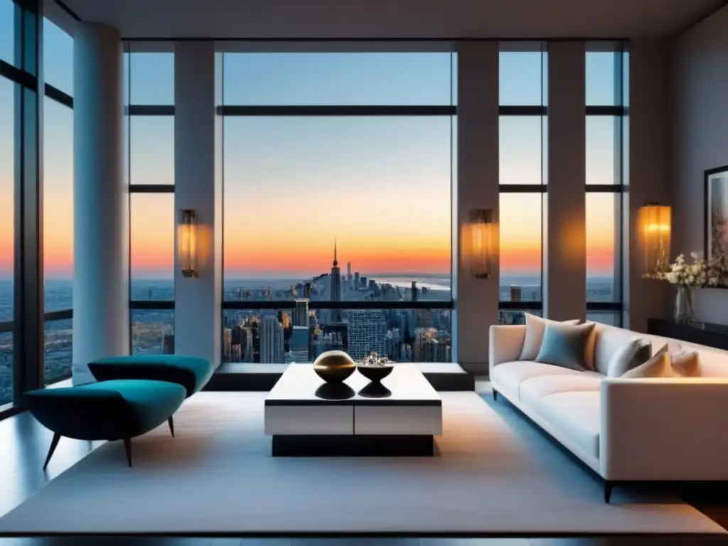 Salón de lujo con vista urbana al atardecer Un elegante salón moderno con muebles sofisticados y vistas urbanas al atardecer