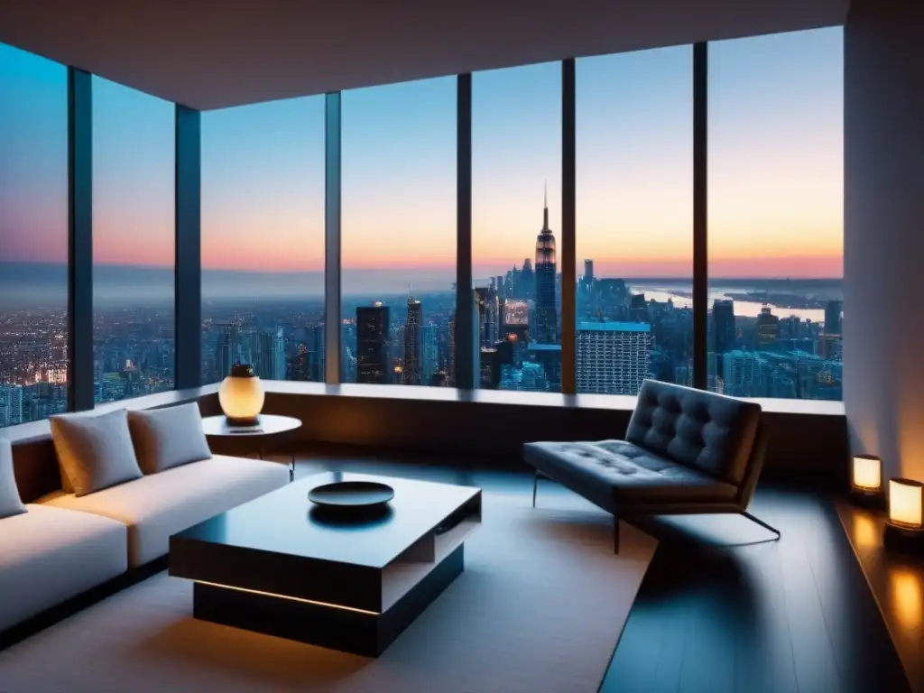 Sala de estar de lujo con vistas a la ciudad al anochecer Un elegante salón moderno con muebles sofisticados, decoración elegante y grandes ventanales con vista a la ciudad al atardecer
