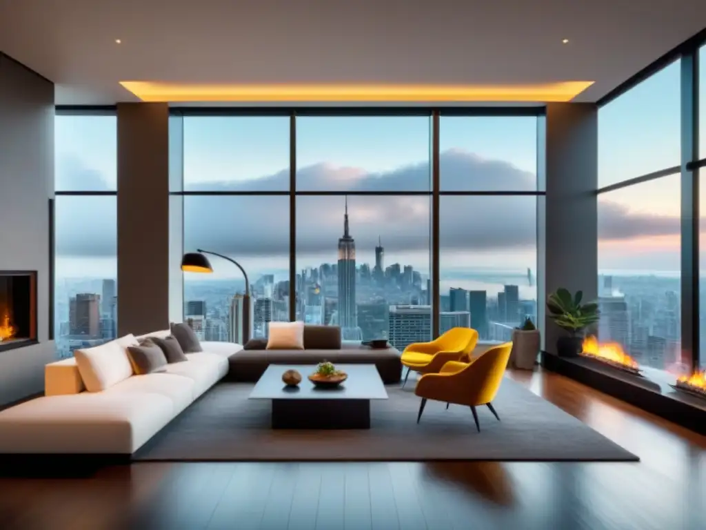 Sala de estar moderna y lujosa con vistas a la ciudad y chimenea acogedora Un elegante salón moderno con muebles refinados, grandes ventanas con vistas a la ciudad y una acogedora chimenea, bañado en cálida luz natural