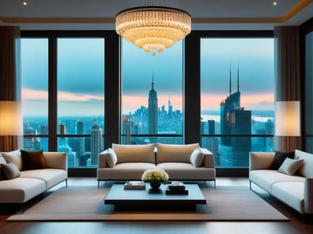 Salón moderno de lujo con vistas urbanas impresionantes Un elegante salón moderno con muebles chic, ventanales que muestran una impresionante vista de la ciudad y una contemporánea lámpara colgante