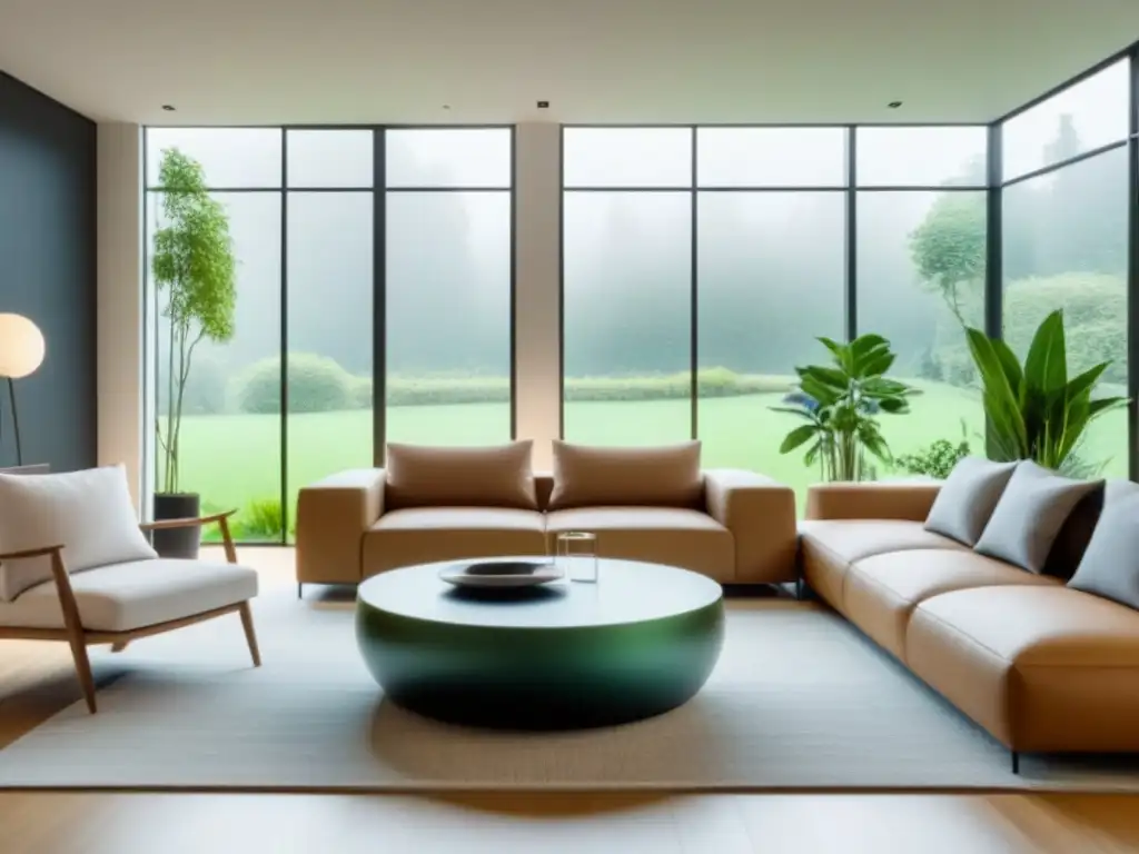 Salón moderno de lujo con vista al jardín Un elegante salón moderno con muebles sofisticados, iluminación suave y vistas a un jardín sereno