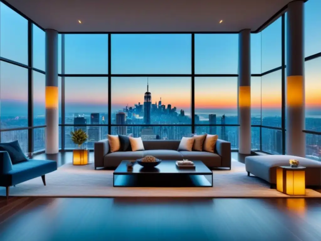 Salón de lujo en propiedad exclusiva: sofisticación urbana Un elegante salón moderno en una propiedad de bienes raíces de lujo, con muebles elegantes y decoración sofisticada
