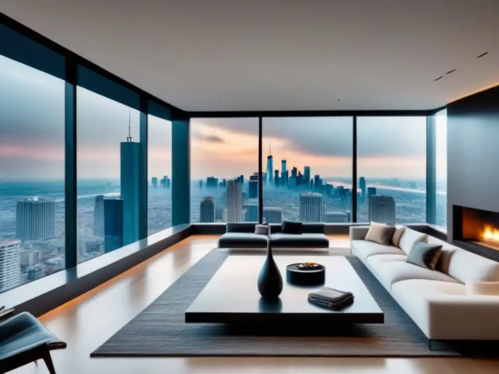 Sala de estar de lujo con vista panorámica en propiedad exclusiva Un elegante salón moderno en una propiedad de lujo, con diseño minimalista y vista panorámica de la ciudad
