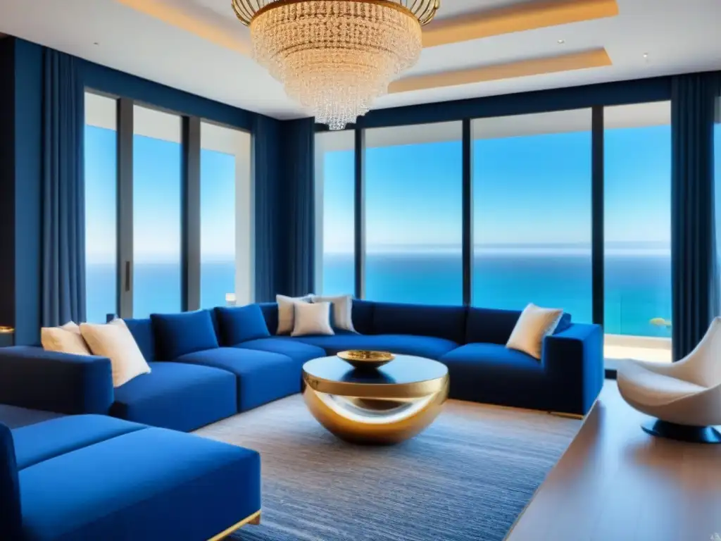 Sala de estar moderna y lujosa con vista al mar Un elegante salón moderno en una segunda vivienda con decoración sofisticada y vista al mar
