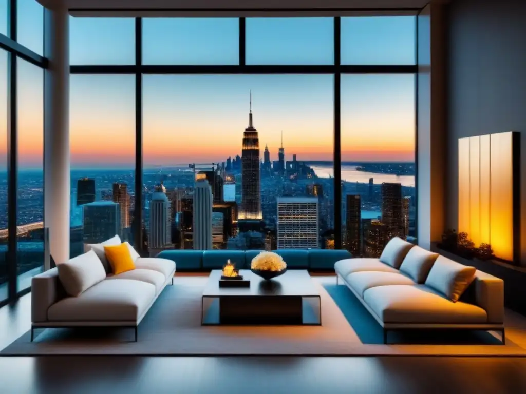 Sala de estar de lujo con vista panorámica a la ciudad al atardecer Un elegante salón moderno con ventanales y vistas a la ciudad al atardecer, decorado en tonos grises, blancos y dorados