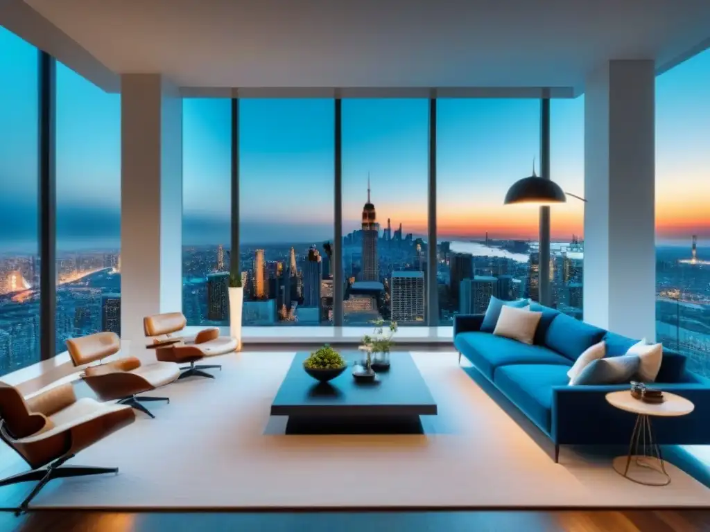 Un elegante salón moderno con vista a la ciudad, decorado en tonos blancos, grises y azules vibrantes