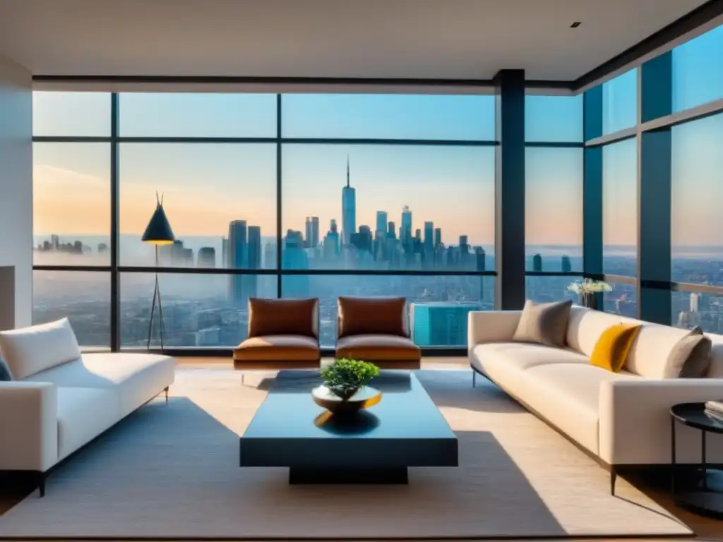 Un elegante salón moderno con vista a la ciudad y decoración sofisticada, ideal para inversores inmobiliarios