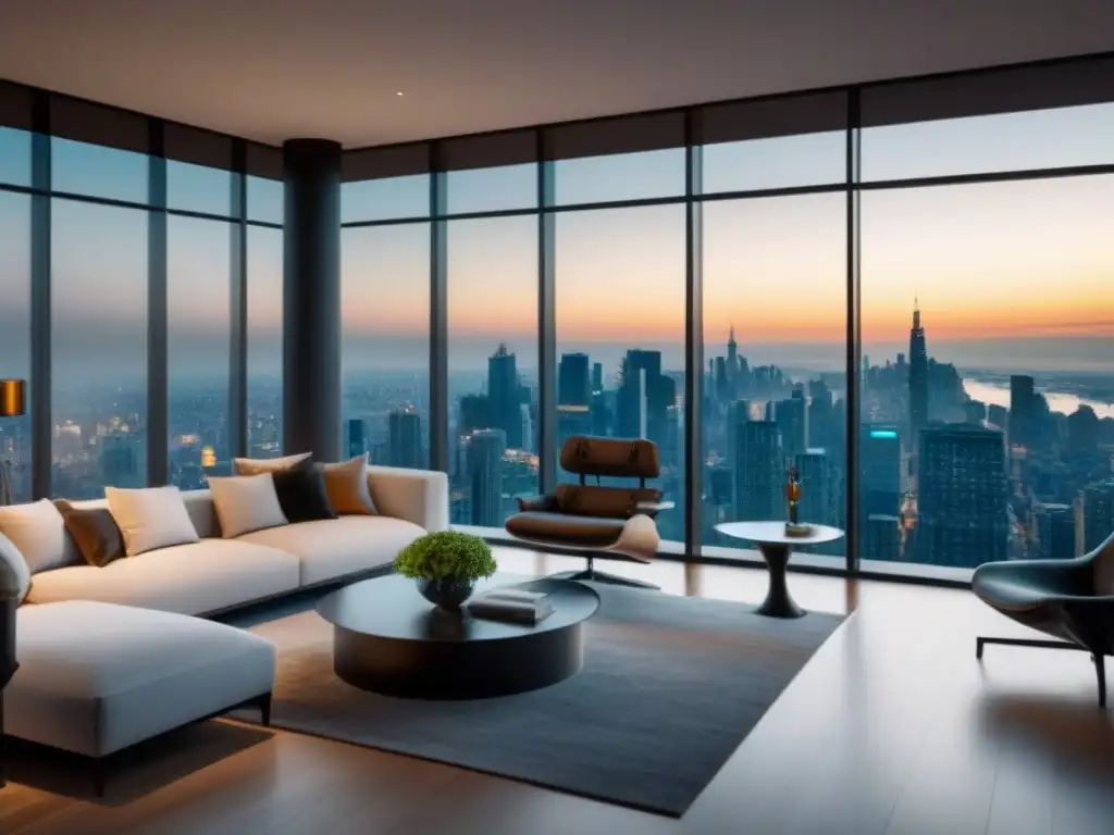 Salón de lujo con vistas a la ciudad: elegancia y modernidad Un elegante salón moderno con vista a la ciudad, mobiliario sofisticado y arte contemporáneo