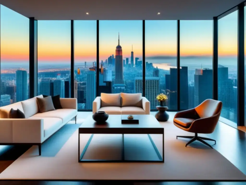 Salón de lujo con vista a la ciudad y oficina elegante Un elegante salón moderno con vista a la ciudad y un área de oficina en casa con persona revisando condiciones préstamo inmobiliario gestionar