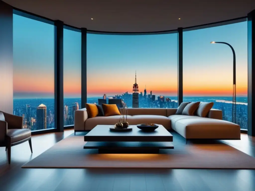 Salón moderno de lujo con vistas panorámicas y elegante decoración Elegante salón moderno con vista a la ciudad, muebles sofisticados y detalles de marca