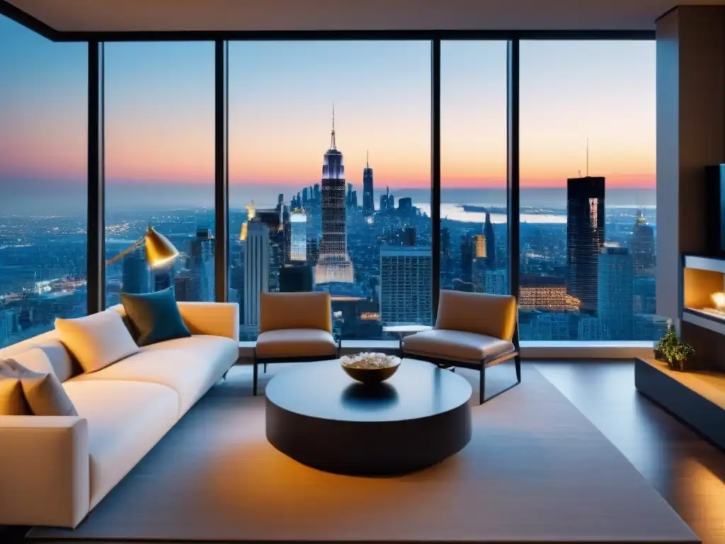 Un elegante salón moderno con vista a la ciudad al anochecer