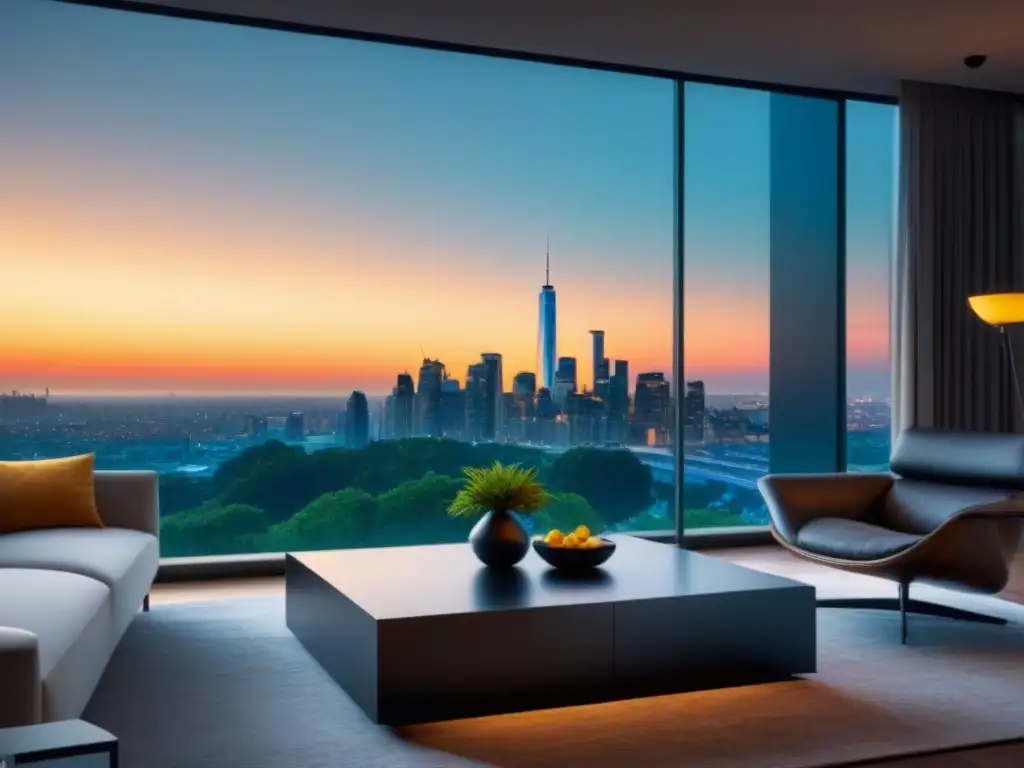 Salón moderno de lujo con vistas a la ciudad al atardecer Un elegante salón moderno con vista a la ciudad al atardecer, muebles contemporáneos y toques de vegetación para una atmósfera urbana sofisticada