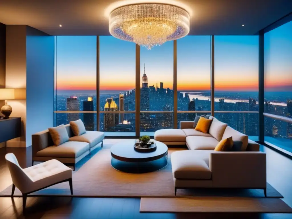 Sala de estar moderna de lujo con vistas panorámicas nocturnas de la ciudad Un elegante salón moderno con vista panorámica nocturna a la ciudad a través de ventanales de piso a techo