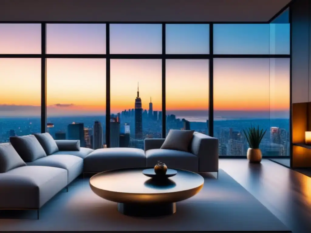 Inversión inmobiliaria: atardecer de lujo en sala moderna Un elegante salón moderno con vistas a un atardecer impresionante sobre el horizonte de la ciudad, ideal para invertir inmobiliario