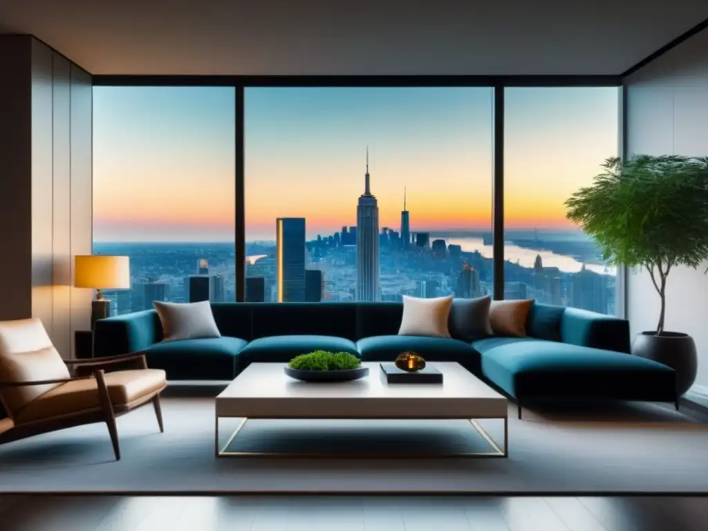 Sala de estar lujosa con vistas a la ciudad: sofisticación y modernidad Un elegante salón moderno con vistas a la ciudad y toques de sofisticación y riqueza