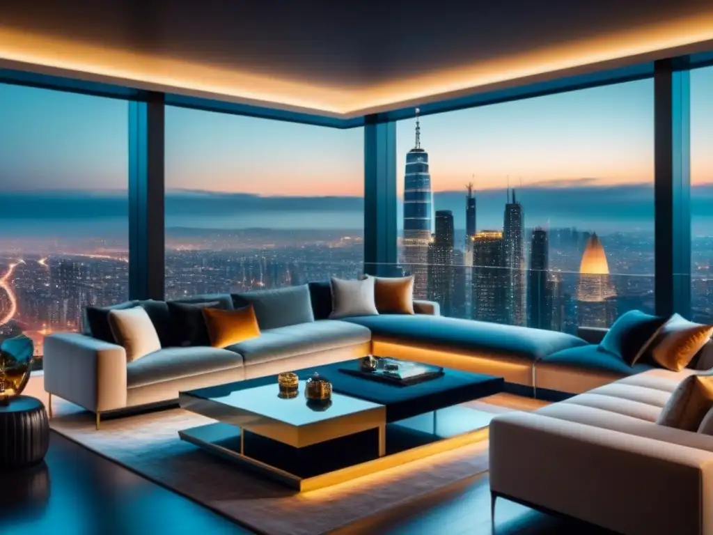 Sala de estar de lujo con vista nocturna de la ciudad Un elegante salón moderno con vistas a la ciudad de noche