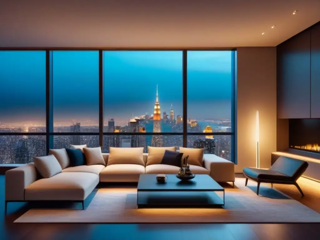 Un elegante salón moderno con vistas a la ciudad de noche, destacando tendencias flipping propiedades inmobiliarias