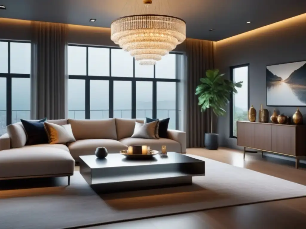 Salón de lujo y moderno con tonos neutros y toques metálicos Un elegante salón de estar con muebles modernos, decoración sofisticada y tonos neutros con toques metálicos