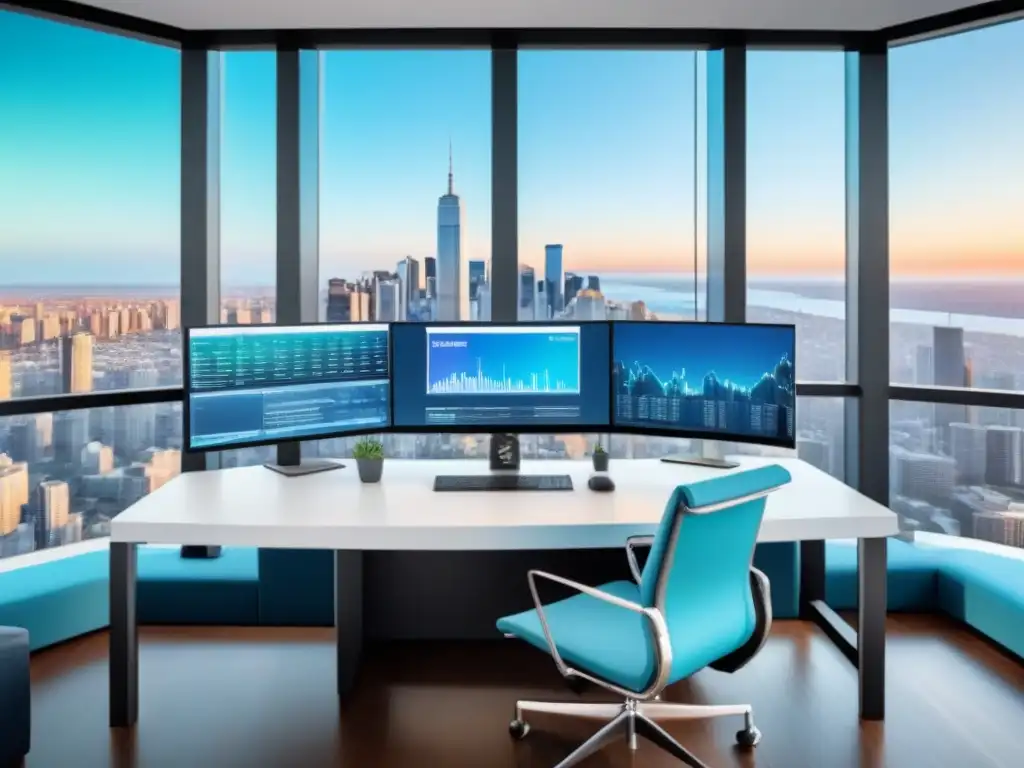 Webinar de inversión inmobiliaria: oficina elegante con vista a la ciudad Un elegante setup de webinar inmobiliario con vista a la ciudad y gráficas de inversión