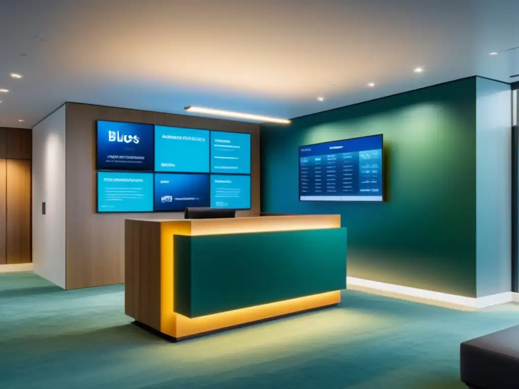 Oficina financiera moderna: lobby innovador y profesional Un elegante vestíbulo de una firma de servicios financieros con alta tecnología