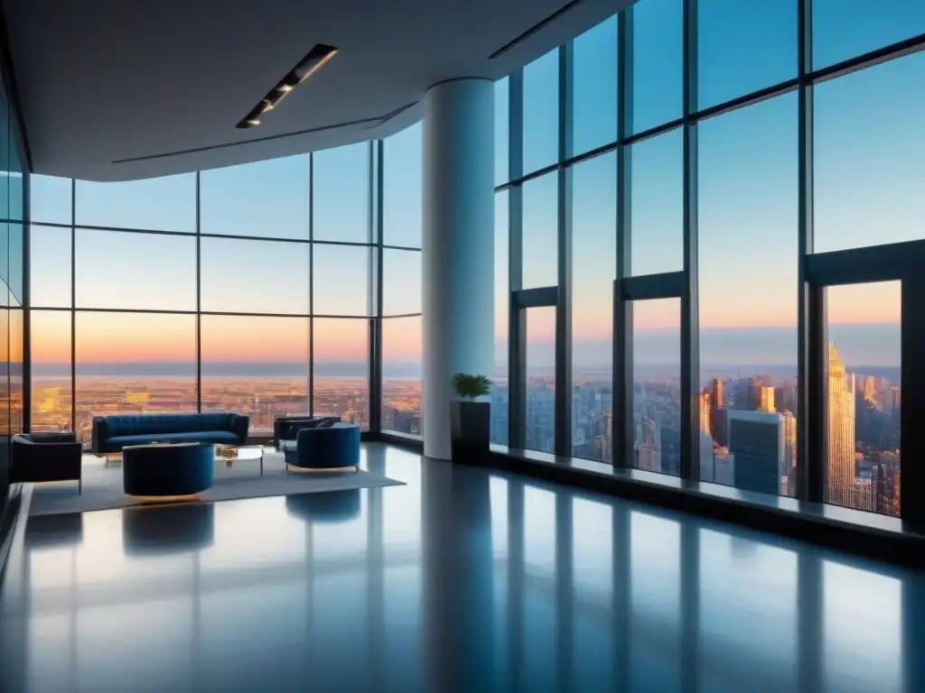Lobby moderno con vista panorámica de ciudad en movimiento Elegante vestíbulo de oficina moderna con ventanales y vista a la ciudad
