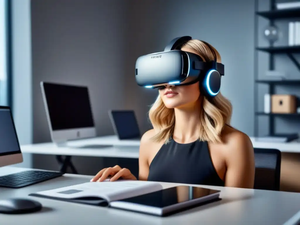 Realidad Virtual en Oficina Minimalista: Innovación Inmobiliaria Un elegante visor de realidad virtual en un escritorio moderno, iluminado por una luz suave