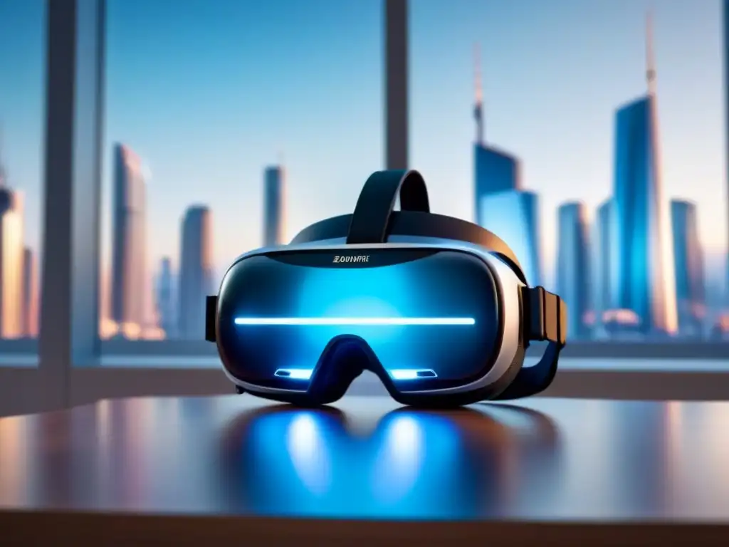 Realidad virtual futurista en ciudad tech Un elegante visor de Realidad Virtual en finanzas inmobiliarias en un escritorio futurista con vista a la ciudad