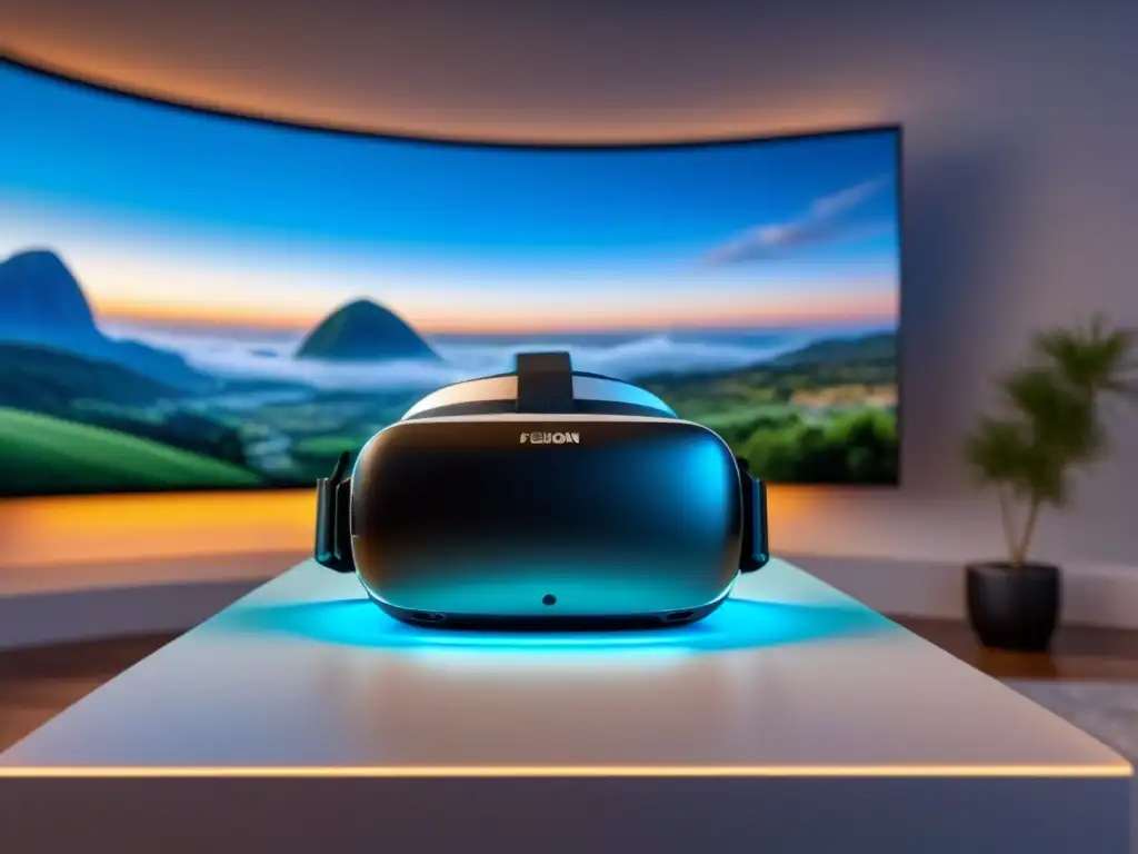 Un elegante visor de realidad virtual en un soporte futurista, con una lujosa propiedad virtual de fondo