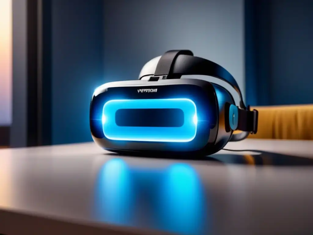 Realidad virtual futurista en propiedad de lujo Un elegante visor de Realidad Virtual en inversiones inmobiliarias, iluminado en azul sobre superficie reflectante, con propiedad de lujo en fondo