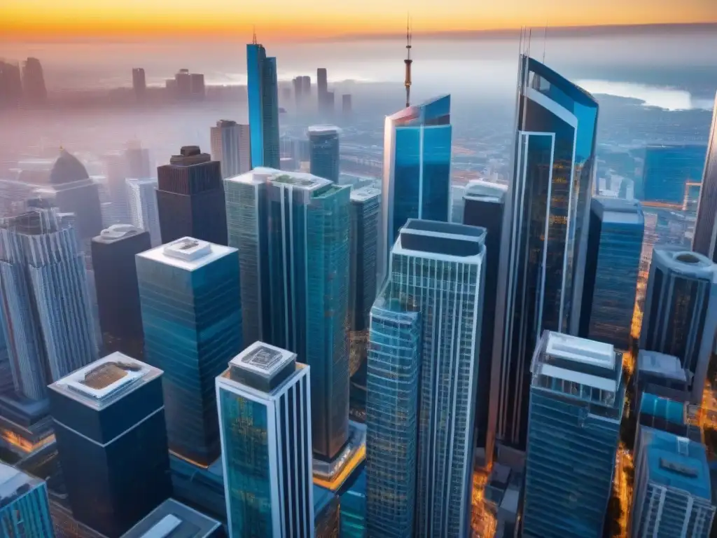 Horizonte urbano: distrito financiero moderno con edificios REIT destacados Un emocionante paisaje urbano con rascacielos, destacando distrito financiero con edificios REIT