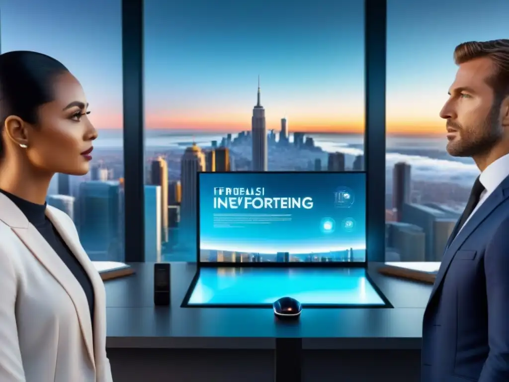 Inversores entusiasmados explorando inversiones inmobiliarias en holograma Una emocionante presentación de inversiones inmobiliarias a corto plazo en un ambiente futurista y dinámico