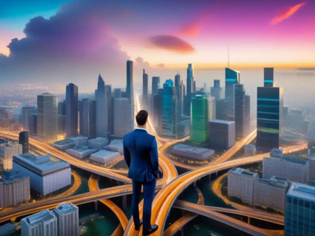 Decisiones financieras: Refinanciar tu préstamo comercial Un empresario en una encrucijada, entre una ciudad brillante y otra oscura, reflexionando sobre 'Refinanciar préstamo comercial pros contras'