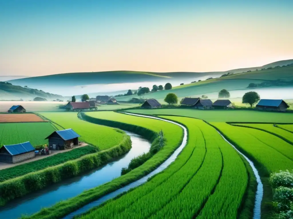 Pintoresco pueblo rural: belleza y tranquilidad en FHA loans Encantador pueblo rural con campos verdes, casas tradicionales y habitantes