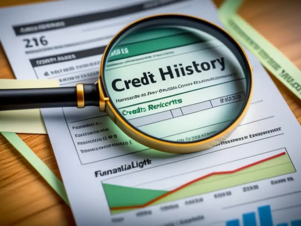 Un enredo de documentos financieros detallados simboliza la complejidad del historial crediticio, con una lupa para inspección