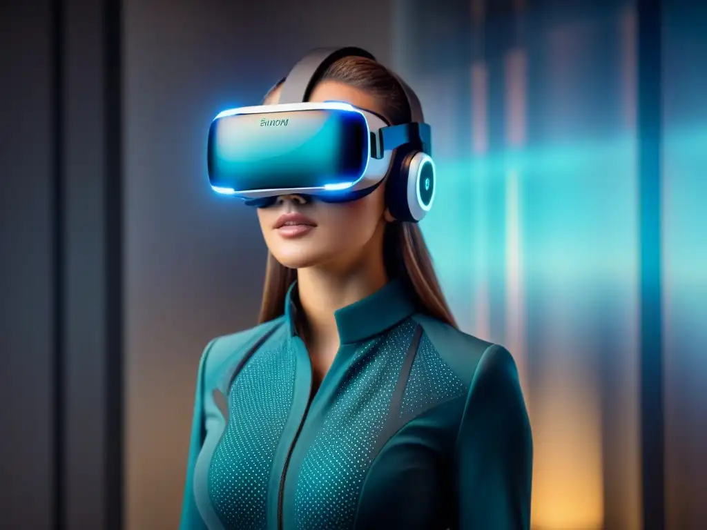 Realidad virtual futurista con inteligencia artificial Un entorno futurista con visualización de propiedades con IA en un casco de realidad virtual
