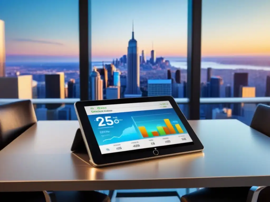 Inversión inmobiliaria avanzada: tablet futurista con dashboard interactivo Un entorno profesional con una tableta digital futurista mostrando un panel de inversión inmobiliaria