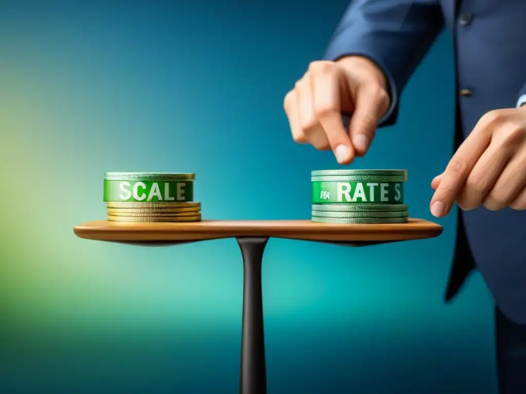 Equilibrio ético en tasas de interés: ilustración detallada Un equilibrio perfecto entre prácticas financieras justas y tasas de interés éticas en una ilustración moderna en tonos azules y verdes