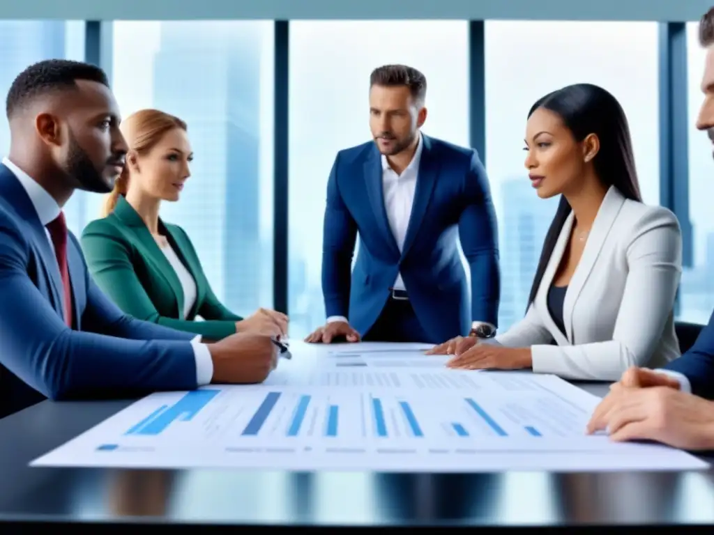 Equipo de agentes de seguros: Estrategias y colaboración en oficina moderna Equipo de agentes de seguros propiedad revisando estrategias en moderna oficina