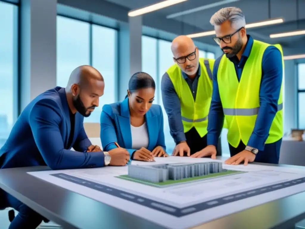 Arquitectos y ingenieros crean proyecto sostenible en moderna oficina Equipo de arquitectos y ingenieros colaborando en un proyecto de construcción sostenible en una oficina moderna y luminosa