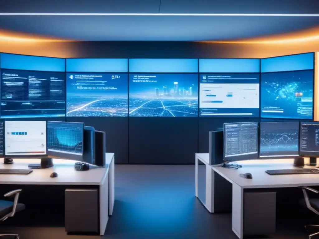 Cybersecurity en oficina futurista con tecnología avanzada Un equipo de ciberseguridad monitorea pantallas en una oficina futurista con tecnología de vanguardia