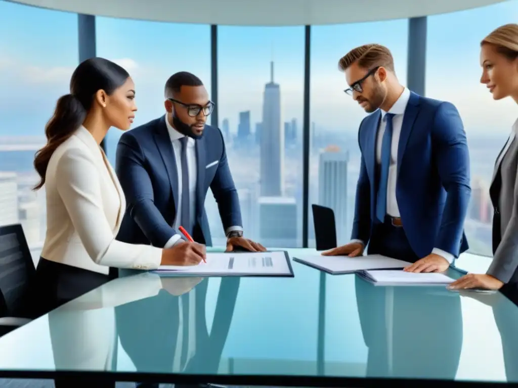 Equipo diverso firmando acuerdos de compra de inmuebles en oficina moderna Un equipo diverso firma Acuerdos de CompraVenta Bienes Inmuebles en una oficina moderna y espaciosa