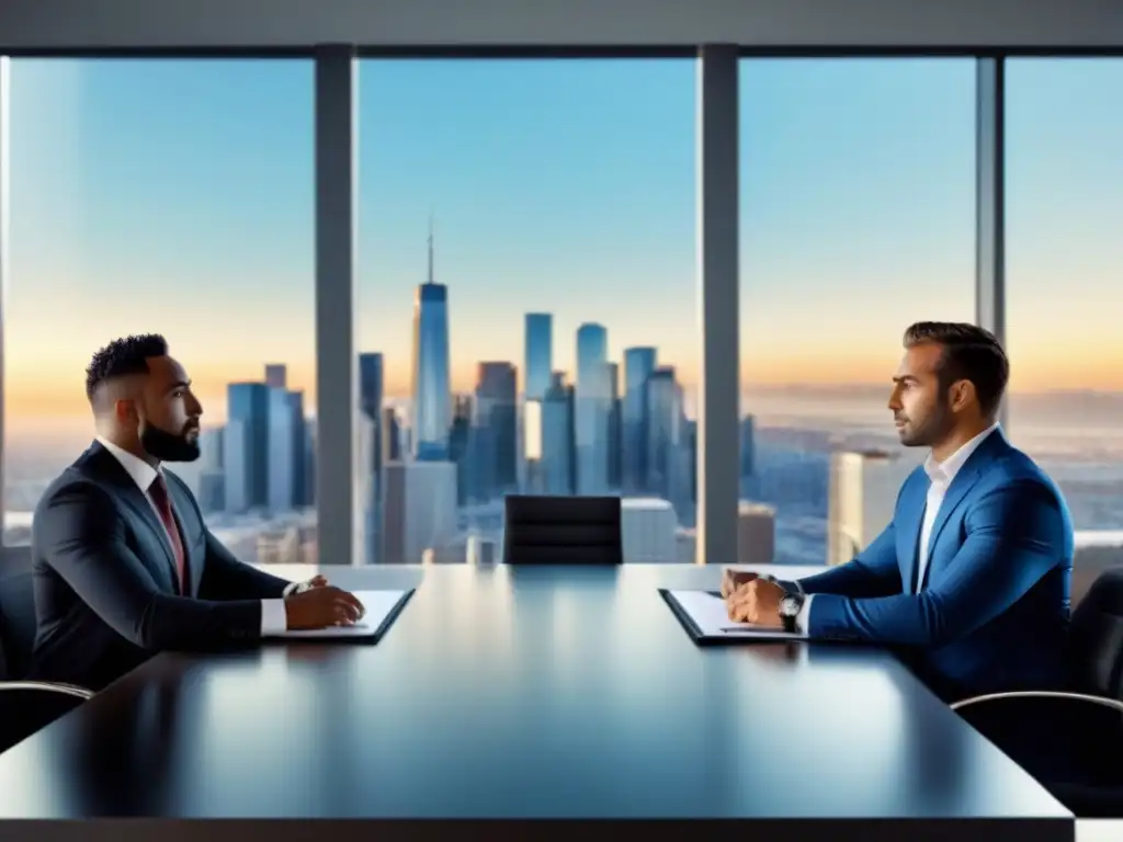 Equipo diverso de agentes inmobiliarios colaborando en una oficina moderna con vista a la ciudad