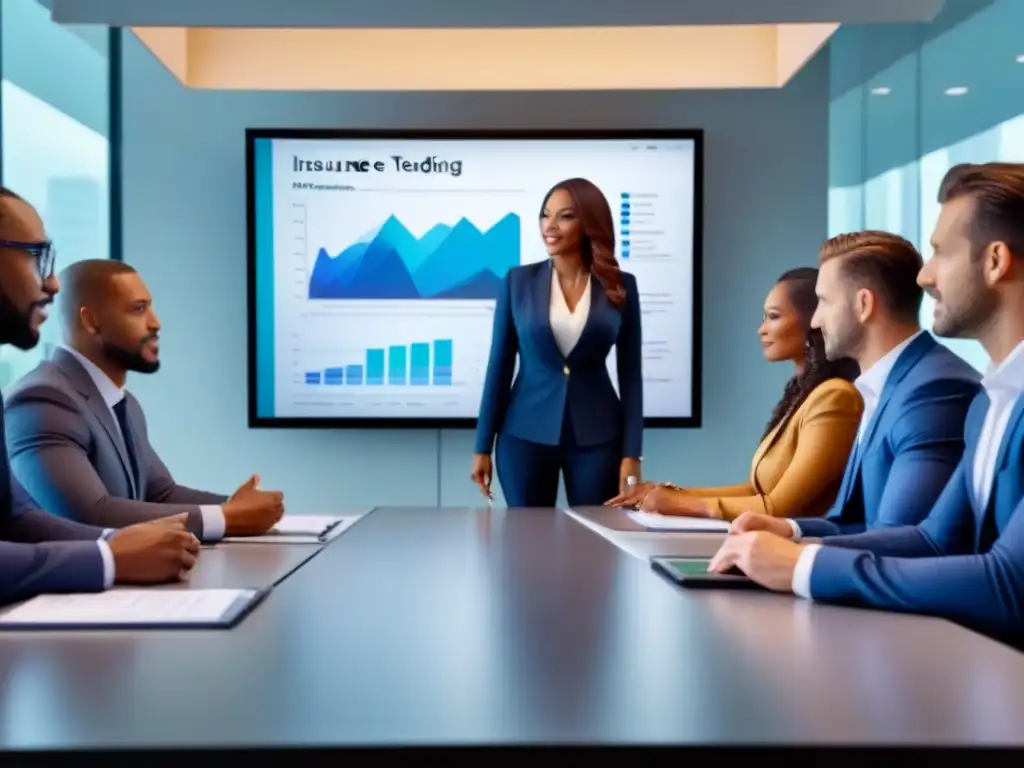Equipo de agentes de seguros discutiendo estrategias de éxito Equipo diverso de agentes de seguros discutiendo estrategias en una mesa de conferencias, con gráficos en pantalla